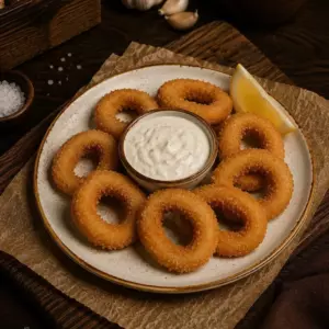 Кольца кальмара с чесночным соусом